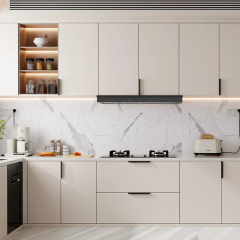 Modern kitchen with installed 10 Pack 5 Inch Black Cabinet Pulls Edge Finger Pulls For Cabinets And Dresser Drawers on white cupboards.
