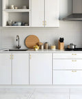 Modern kitchen showcasing 2 Pack 3 Inch Center Kitchen Cabinet Handles In Brushed Brass Solid Zinc Alloy Dresser Pulls For Cabinets And Drawers.
