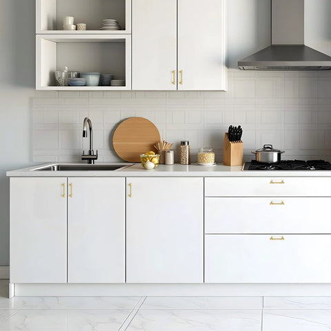 Modern kitchen showcasing 2 Pack 3 Inch Center Kitchen Cabinet Handles In Brushed Brass Solid Zinc Alloy Dresser Pulls For Cabinets And Drawers.