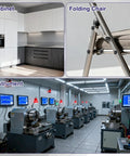 Collage of a kitchen cabinet, a metal folding chair, and an industrial machinery room with instruments.