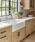 Modern kitchen with Ten Pack 5 Inch Matte Black Cabinet Handles Square Flat Modern Pulls on wooden cabinets