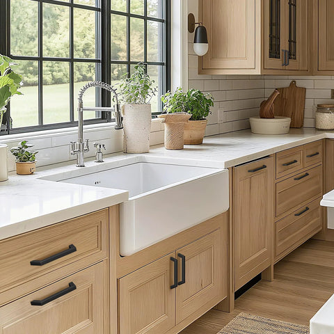 Modern kitchen with Ten Pack 5 Inch Matte Black Cabinet Handles Square Flat Modern Pulls on wooden cabinets