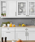 Modern kitchen with white cabinets featuring 30 Piece Stainless Steel Cabinet Pulls And Knobs Set In Silver Matte Finish Includes 15 Cabinet Pulls And 15 Round Knobs With Installation Screws For 5 Inch Kitchen Drawers Dressers Cabinets Cupboards.