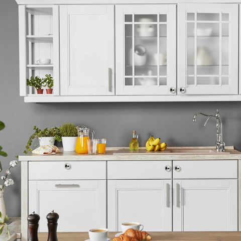 Modern kitchen with white cabinets featuring 30 Piece Stainless Steel Cabinet Pulls And Knobs Set In Silver Matte Finish Includes 15 Cabinet Pulls And 15 Round Knobs With Installation Screws For 5 Inch Kitchen Drawers Dressers Cabinets Cupboards.