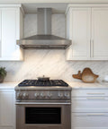 Modern kitchen with stainless steel range and marble backsplash, featuring 30 Pack 10 Inch Solid Square Cabinet Pulls In Brushed Nickel For Kitchen Cabinets And Drawers Durable Solid Construction Easy Installation Center To Center Spacing 1 Inch Modern Enduring Hardware For Home Renovations.