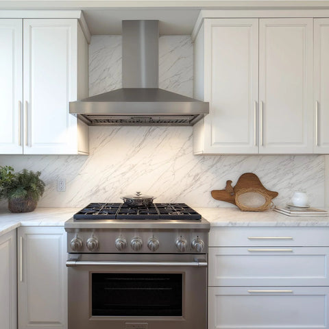 Modern kitchen with stainless steel range and marble backsplash, featuring 30 Pack 10 Inch Solid Square Cabinet Pulls In Brushed Nickel For Kitchen Cabinets And Drawers Durable Solid Construction Easy Installation Center To Center Spacing 1 Inch Modern Enduring Hardware For Home Renovations.