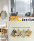 Bathroom with mirror and sink, room with chairs and curtains, and wall with hanging magazines. Text: T.K. Excellent.