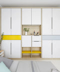 Modern cabinet with 10 Pack Edge Drawer Pulls For Cabinets Matte White Aluminum Finger Pulls With 64mm Hole Centers, installed view.