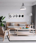 Modern living room with wooden furniture and a Carpet to Tile Transition Strip, Self Adhesive Cuttable Carpet Edge Trim Strip in doorway.