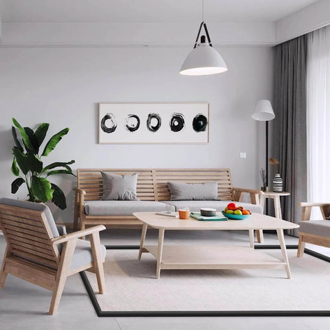 Modern living room with wooden furniture and a Carpet to Tile Transition Strip, Self Adhesive Cuttable Carpet Edge Trim Strip in doorway.