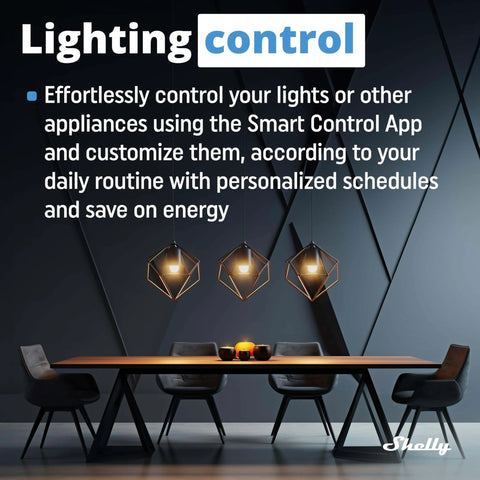 Modern dining area with pendant lights above a table and chairs, emphasizing lighting control through a smart app.