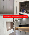 Modern kitchen and wardrobe cabinets with concealed finger pulls and drawers, featuring minimalist design and ample storage space.