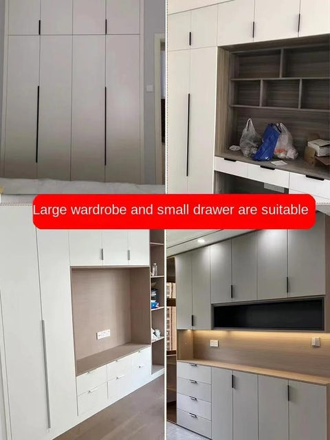 Modern kitchen and wardrobe cabinets with concealed finger pulls and drawers, featuring minimalist design and ample storage space.