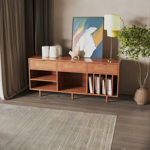 Modern living room with wooden sideboard featuring abstract artwork and potted plant, complemented by a rug and elegant decor items.