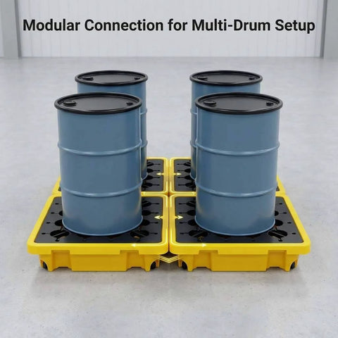 Single Drum Spill Containment Pallet With 15 Gallon Sump And 2000 Lbs Static Load, 26 By 26 Inch HDPE Platform For Workshop And Lab Use, Modular Drip Tray And Quick Setup For Storage, QWORK with 4 drums