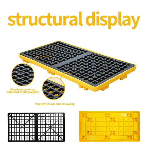 2 Drum Modular Spill Containment Pallet With 2000 Lbs Capacity, Leakproof Stackable Industrial Tray with grid design and yellow base.
