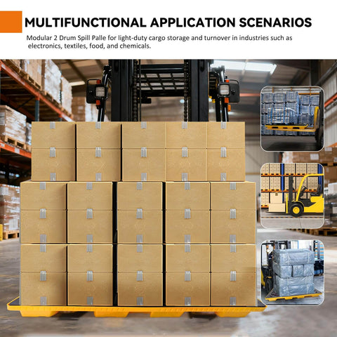 Heavy Duty Modular 2 Drum Spill Pallet Workhorse For Forklift Access With 2000 Pound Capacity in warehouse setting