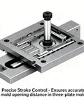 Precise stroke control module for mold opening in three-plate molds with adjustable screw mechanism on metal base