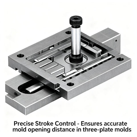Precise stroke control module for mold opening in three-plate molds with adjustable screw mechanism on metal base