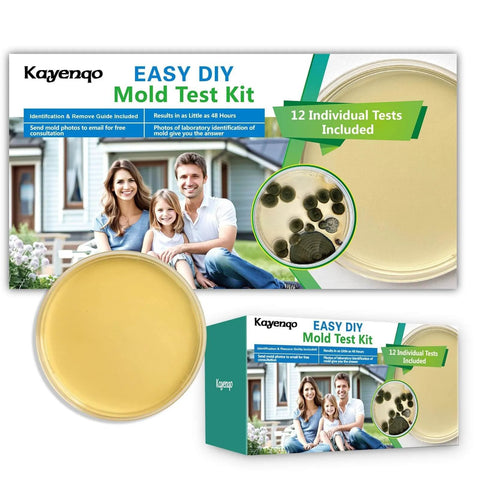 Kayenqo Mold Test Kit for Home - 12 Simple Detection Tests; product packaging with a family and petri dishes visible.