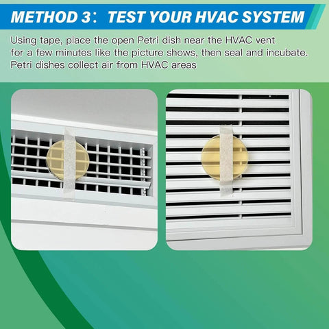 Testing HVAC system using Mold Test Kit for Home - 12 Simple Detection Tests, Petri dishes on air vent for indoor air quality check