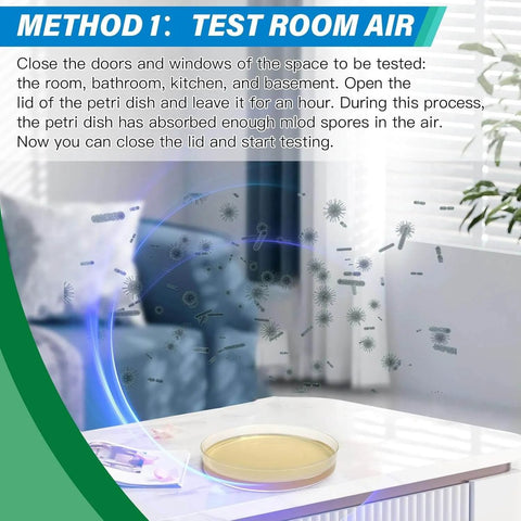 Mold Test Kit for Home - 12 Simple Detection Tests with petri dish absorbing mold spores in the air for indoor air quality testing.