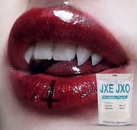 Moldable Thermoplastic Beads 8 oz Bag for DIY Crafts and Repairs next to red lips with vampire fangs.