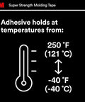 Heavy-Duty Automotive Molding Tape 7/8 Inch Wide By 15 Feet, Double-Sided Foam Adhesive Withstands -40F to 250F Thermometer Graphic