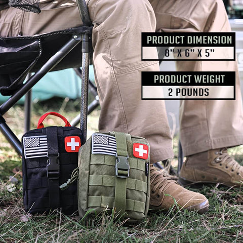 250 Piece Go To Survival IFAK First Aid Kit With Molle Pouch For Camping Hiking Boating And Emergency Preparedness EMT Ready Trauma Bag beside person seated outdoors