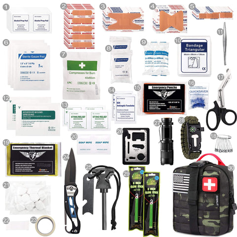 250 Piece Go To Survival IFAK First Aid Kit With Molle Pouch featuring medical supplies, tools, and MOLLE-compatible camo pouch