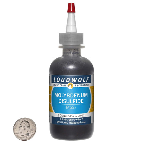 Heavy Duty Molybdenum Disulfide Powder MoS2 One And A Half Micron 99 Percent Pure Reagent Grade In A 2 Ounce Bottle with a red cap