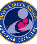 Logo for Mom's Choice Awards with the text 'Honoring Excellence' in blue and gold, featuring an abstract silhouette of a person and child.