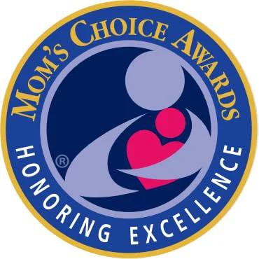 Logo for Mom's Choice Awards with the text 'Honoring Excellence' in blue and gold, featuring an abstract silhouette of a person and child.