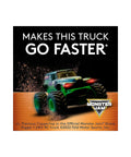 Monster Jam Grave Digger RC truck with text 'Makes This Truck Go Faster' on promotional background