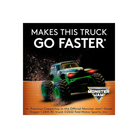 Monster Jam Grave Digger RC truck with text 'Makes This Truck Go Faster' on promotional background