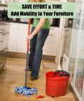 Person mopping a kitchen floor with a red bucket and mop, promoting the use of furniture mobility for easier cleaning.