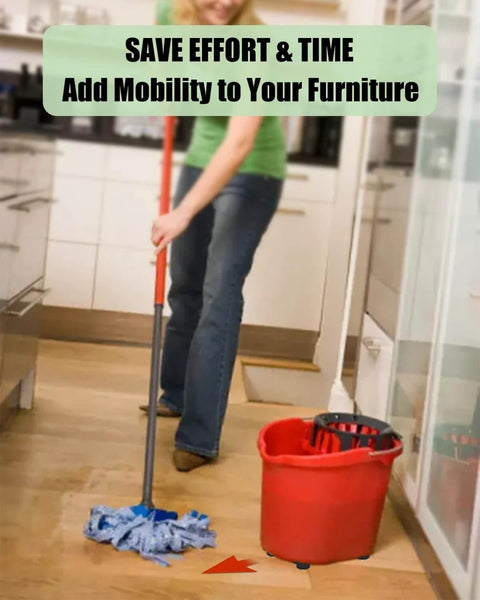 Person mopping a kitchen floor with a red bucket and mop, promoting the use of furniture mobility for easier cleaning.