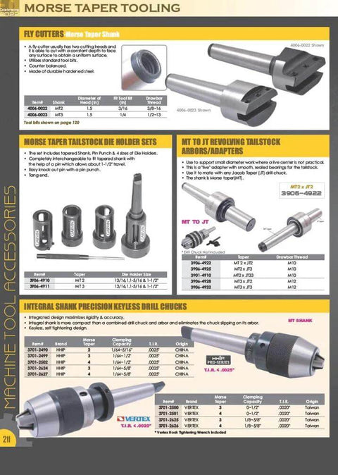 Catalog page showing various Morse Taper tooling products including fly cutters, tool holders, and drill chucks with specifications.