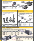 Catalog page showing various Morse taper tooling accessories including fly cutters, tailstock die holder sets, and drill chucks.