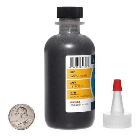 Heavy Duty Molybdenum Disulfide Powder MoS2 One And A Half Micron 99 Percent Pure Reagent Grade In A 2 Ounce Bottle with cap and coin for scale
