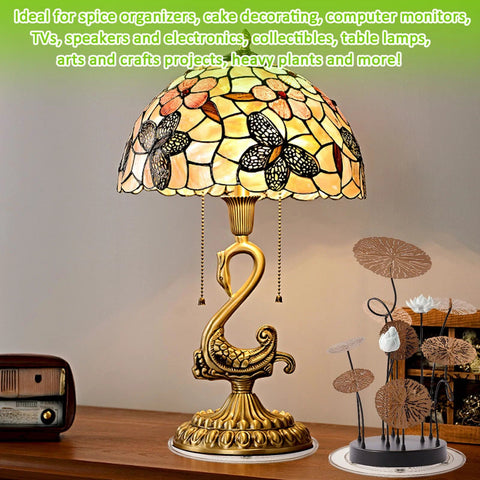 Six Pack 6 Inch Clear Acrylic Lazy Susans With Ball Bearing Rotation displaying a decorated table lamp and crafts on a wooden surface