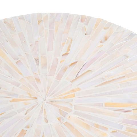 Close-up of the mother of pearl inlay on the 12.6 inch decorative lazy susan turntable designed for dining tables.