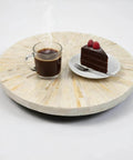 12.6 inch decorative lazy susan turntable with mother of pearl inlay, showcasing coffee and cake on a rotating tray.