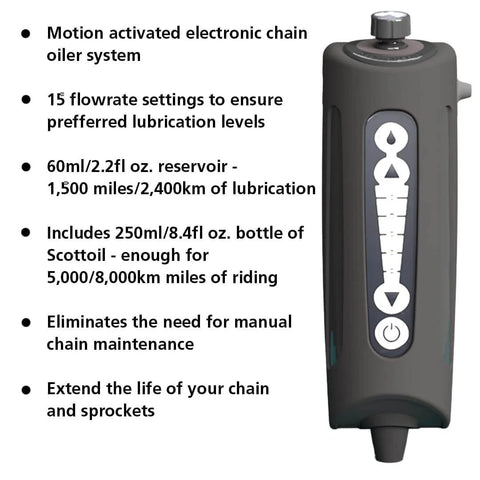 Motion activated electronic chain oiler X System 3.0 Plus with lubrication settings and reservoir, extends chain life and eliminates manual upkeep