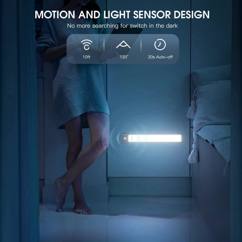 10inch Under Cabinet Lighting, 2 Pack Rechargeable Motion Sensor Light Indoor illuminating a dark kitchen corner at night