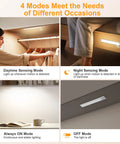 Image showing 10.2 Inch Under Cabinet Lighting Kit Rechargeable 2 Pack installed in various modes: daytime, night sensing, always on, and off.