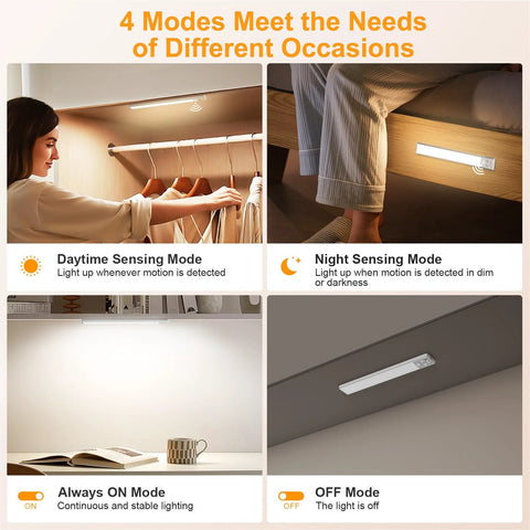 Image showing 10.2 Inch Under Cabinet Lighting Kit Rechargeable 2 Pack installed in various modes: daytime, night sensing, always on, and off.