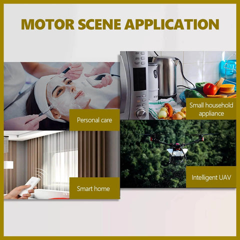 Image showcasing motor applications in personal care, smart home, small appliances, and UAVs.