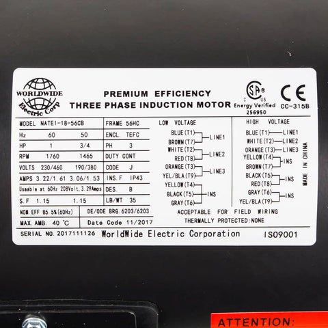 Label of 1 HP 3 Phase 56C Frame Electric Motor 1800 RPM TEFC 208-230/460V C-Face Worldwide Electric NATE1-18-56CB