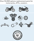 Illustration of motorcycle and ATV replacement parts with Northern Parts Hub logo and text highlighting over 10,000 options.